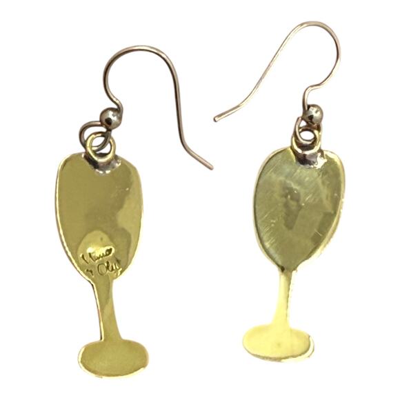 Far Fetched Silver Wine Glass Goblet Dangle Earrings Cutout Vine Design Artisan - Picture 3 of 4